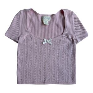 The Prairie Rachel Ashwell Pink Pointelle Knit Top Square Neck Bow Rosette Med